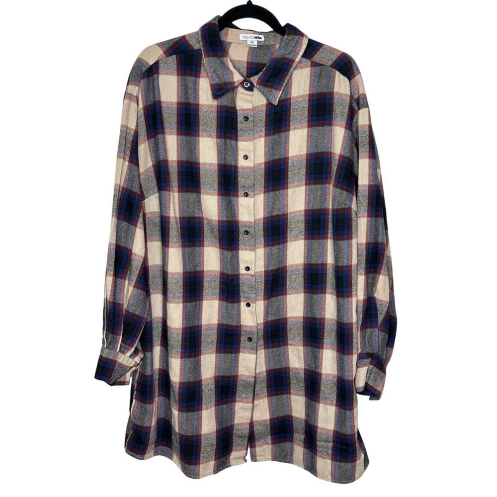 Fashion Nova Blue Red Plaid Flannel Shirt Long Sleeve Button-Up Winter Casual 1X